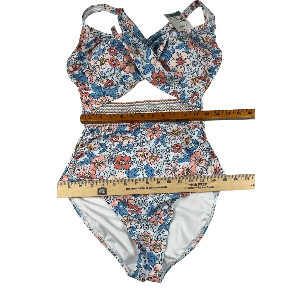 B2PRITY Floral One‎ Piece Swimsuit Blue Pink Cutout Wrap Front Medium NWT